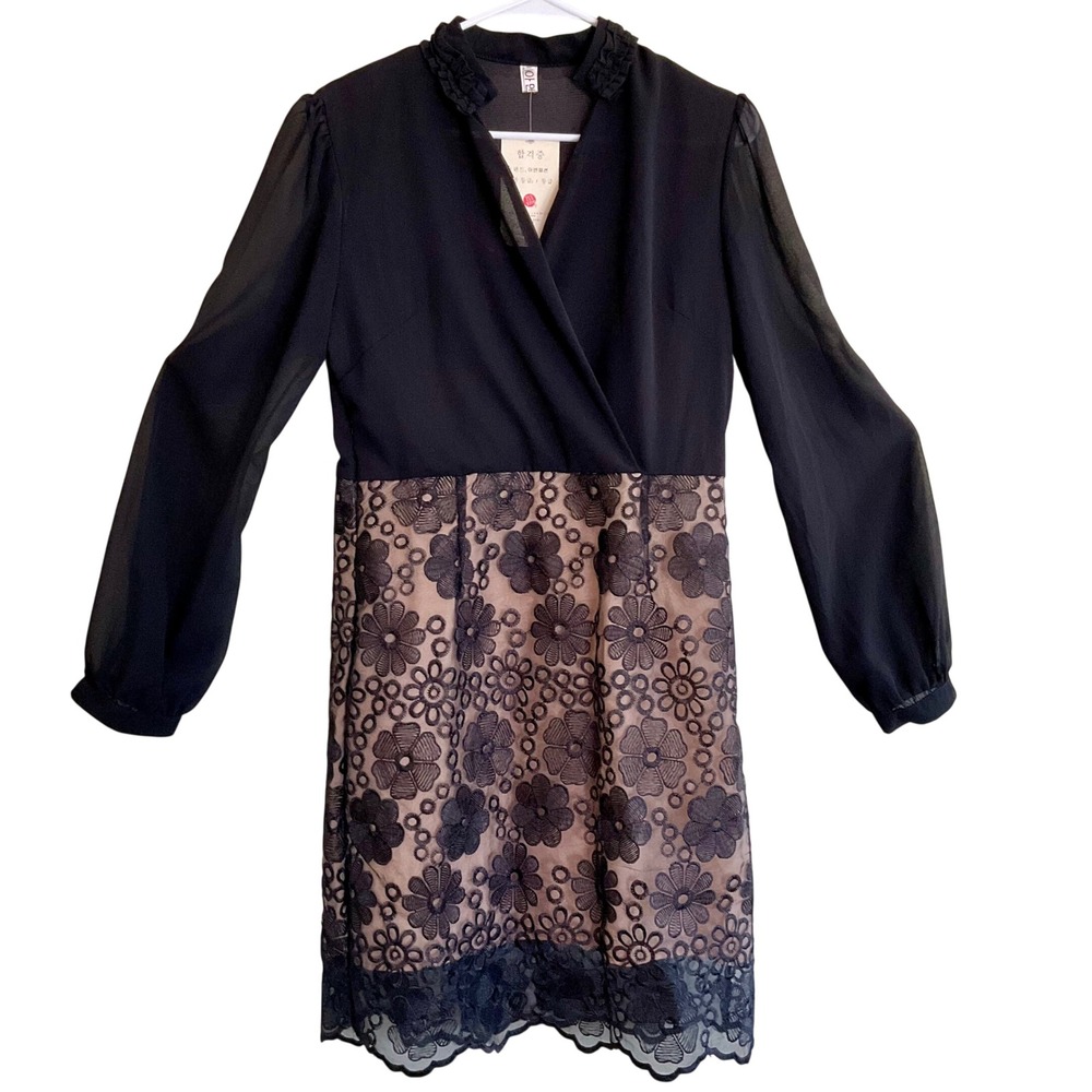 New Black Floral Lace Long Sleeve Wrap Dress Ruffle Collar XXL Career Minimalist